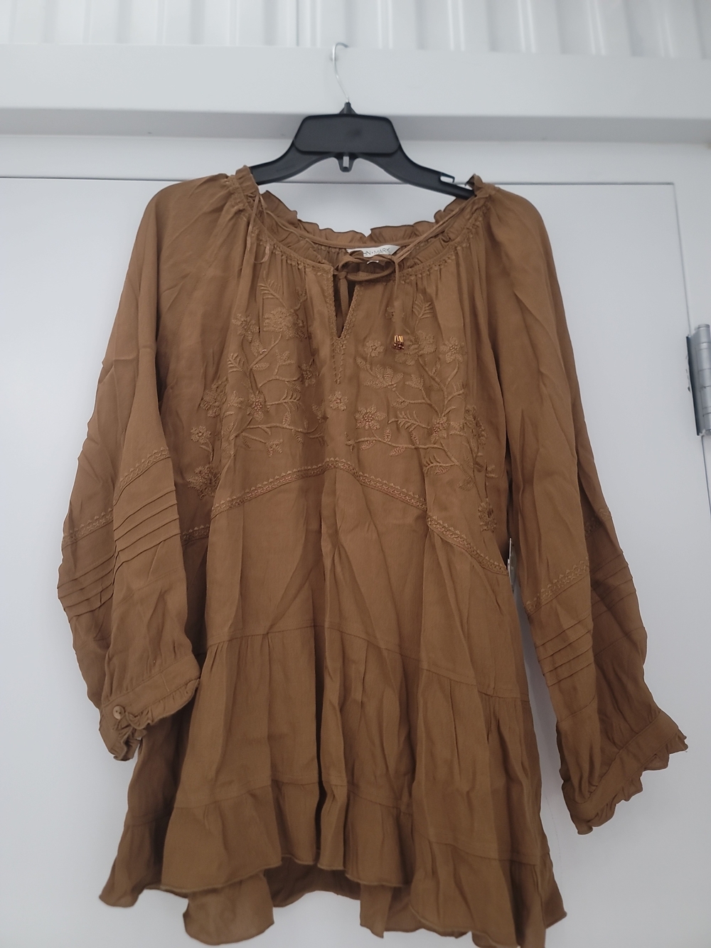 John Mark Brown Peasant Blouse with Embroidered Detail